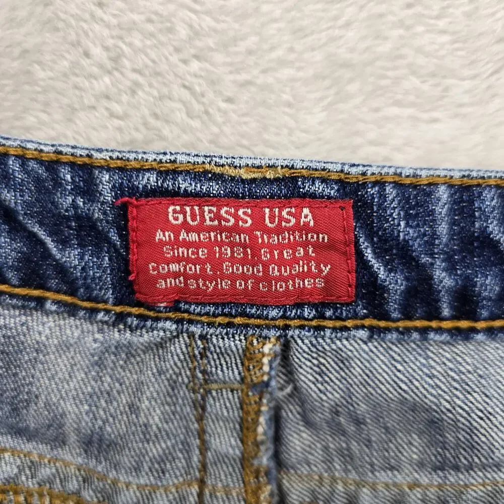 Vtg Guess USA Jeans Womens 34 Blue (Fits 38x30) Crochet Embroidered Distressed